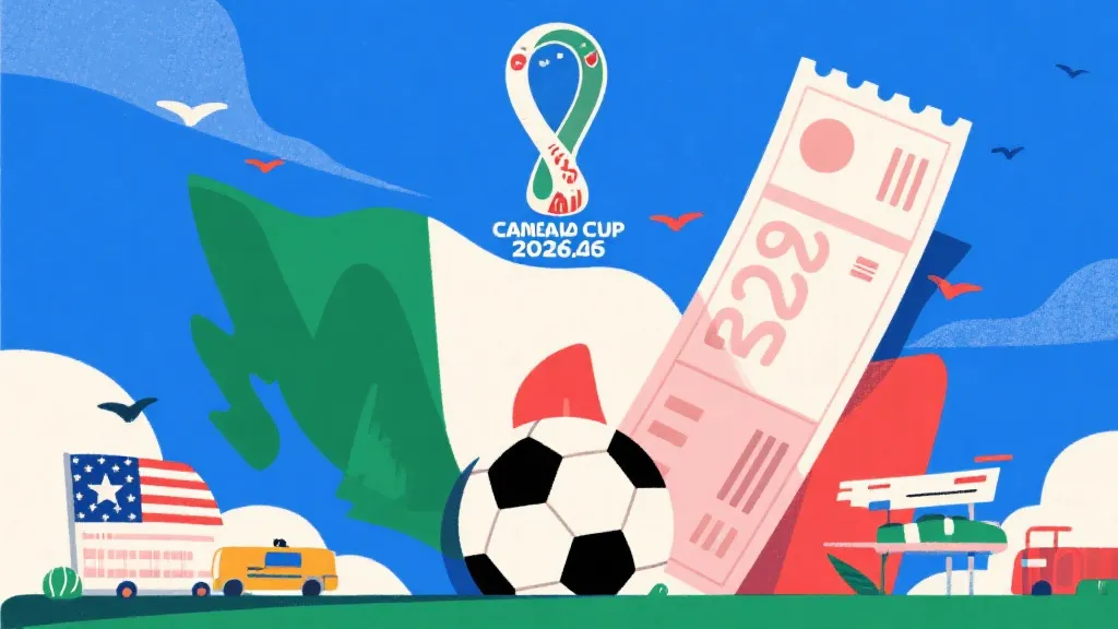 2026年美加墨世界杯概念图，包含足球与高昂旅行账单元素